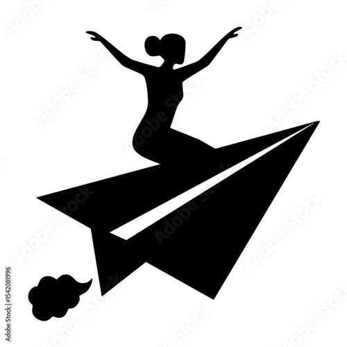 a silhouette of a woman riding a paper airplane, symbolizing freedom, travel, and achieving dreams
