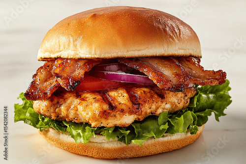 Bacon chicken burger with lettuce, tomato, and onion on marble light backdrop, fresh and savory food presentation