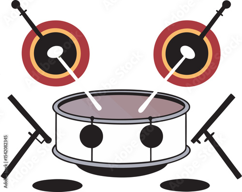 Stylized celebration of rhythmic expression featuring powerful drummer and bold graphic percussion symbol in black, red, and white