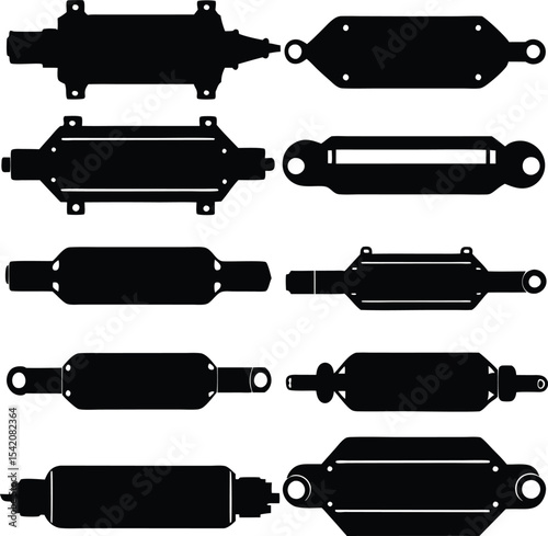 Black Silhouette Vector Set of Shock Absorbers, Dampers, Suspension Components for Automotive Use