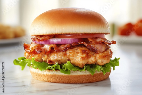 Bacon chicken burger with lettuce, tomato, and onion on marble light backdrop, fresh and savory food presentation