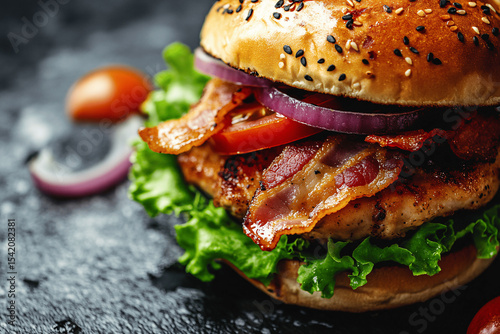 Bacon chicken burger with lettuce, tomato, and onion on marble light backdrop, fresh and savory food presentation