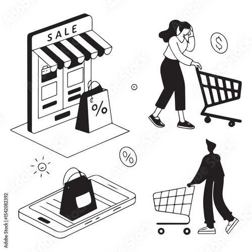  Vector illustrations of online shopping, ecommerce, sale, social media, 
internet marketing, online store, for graphic and web design.