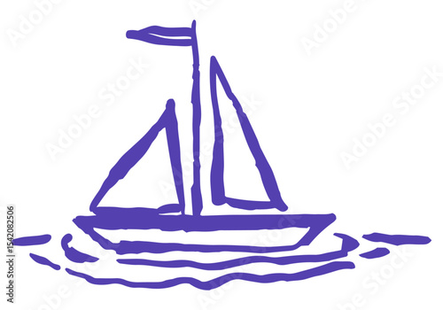Sailing boat yacht isolated drawing in doodle grunge rough charcoal art style. Vector illustration of sea boat in ink sketch style for Yacht club placards, posters, tshirt emblem and other decoration.