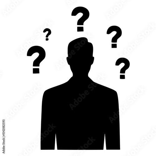 a silhouette of a man surrounded by question marks, depicting confusion, doubt, and uncertainty