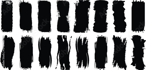 Brush paint strokes. Texture brushes and modern grunge brush lines. Ink brush artistic design element for frame design. Vector isolated elements set. Grungy black swatches. Rough smears and stains.