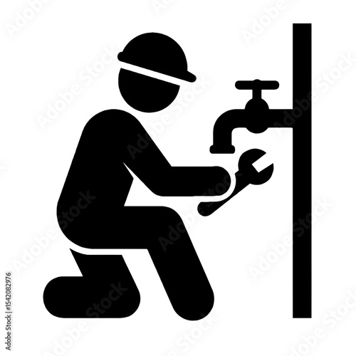 very simple flat and single minimalist Man Fixing Pipes Silhouettes in black on a white background