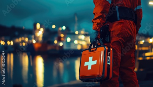 Nighttime maritime first responder carrying a medical kit
