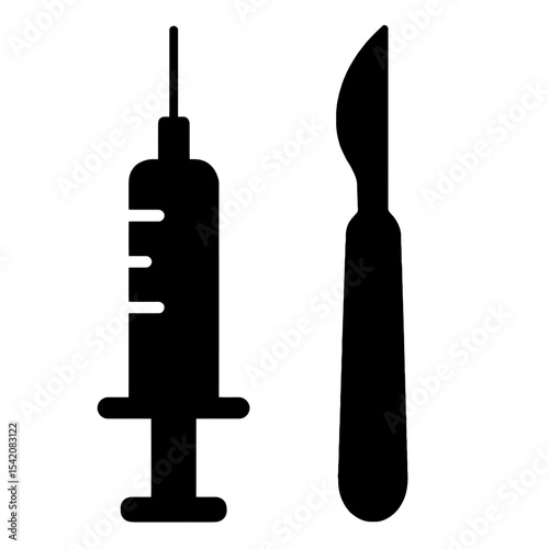 very simple flat and single minimalist Syringe and Scalpel Silhouettes in black on a white background