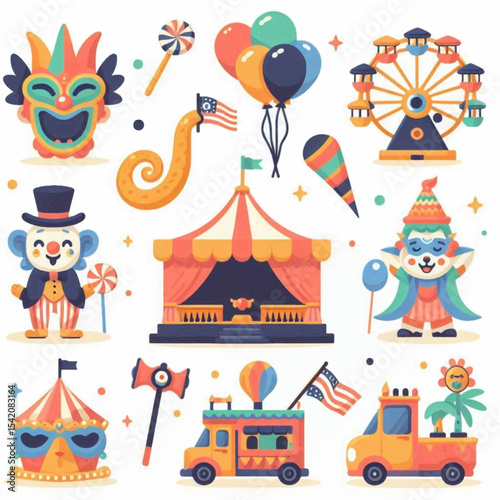 Carnival illustration vibrant fairground clown tents truck and Ferris wheel