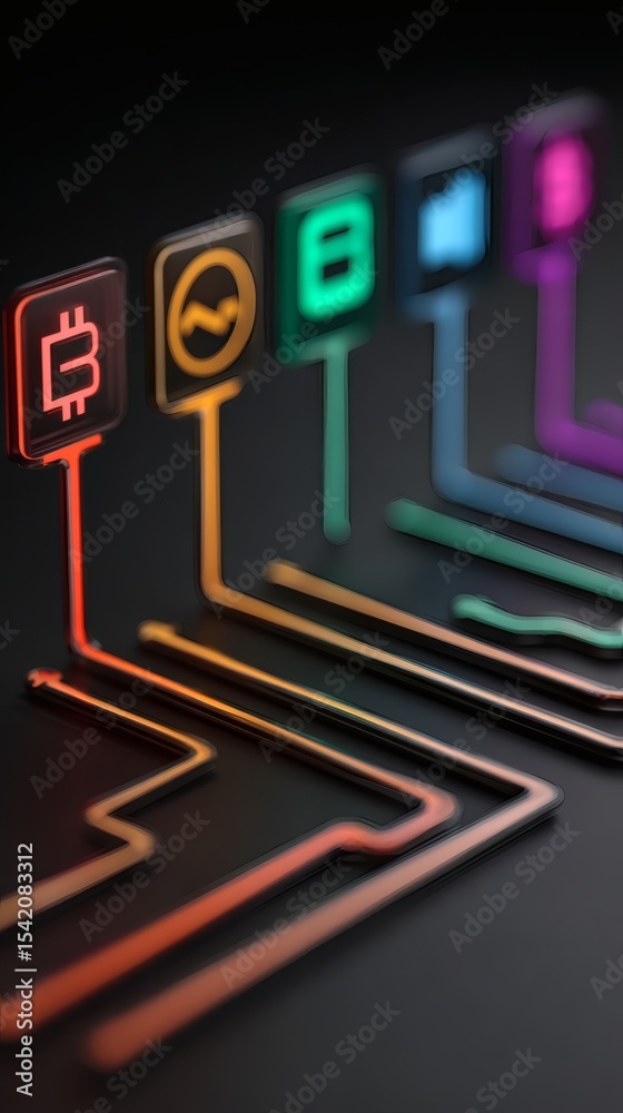 Obraz premium abstract representation of knowledge path with glowing icons of ETFs crypto and stocks