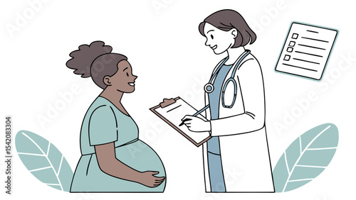 Doctor consulting with pregnant woman while taking notes on a clipboard in a medical examination room