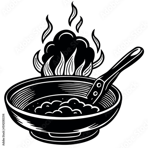 Black and white illustration of a wok with flames