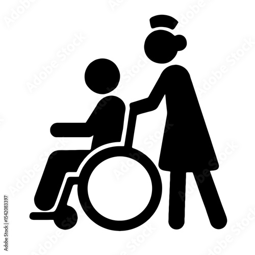 very simple flat and single minimalist Patient on Wheelchair and Female Nurse Silhouettes in black on a white background