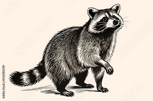 A detailed black-and-white illustration of a raccoon standing on all fours, capturing its characteristic masked face, bushy tail with rings, and textured fur, showcasing a lifelike and natural animal 
