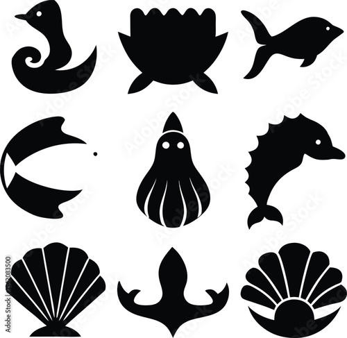 Black Silhouette Vector Art: Sea Life Icons - Duck, Fish, Dolphin, Shell, and Abstract Marine Elements