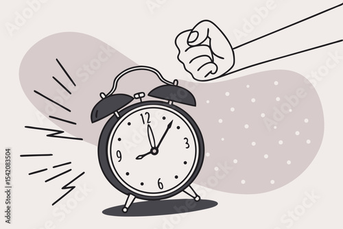 Angry fist about to smash ringing alarm clock in morning wake-up scene