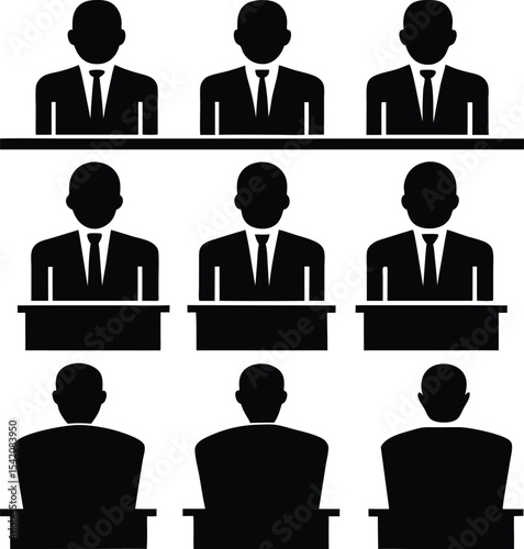 Business Meeting Icon Set: Black & White Silhouette Vector Illustration of Conference Attendees