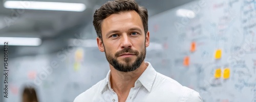 A confident man with a beard stands in front of a whiteboard covered with notes and diagrams in a modern office setting.