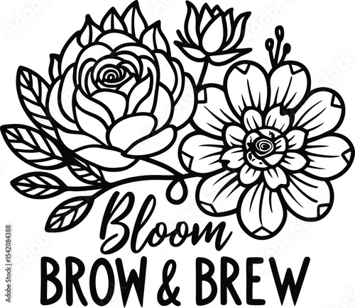 Bloom Brow & Brew Floral Logo, Black & White Flower Bouquet, Beauty Salon, Coffee Shop Design