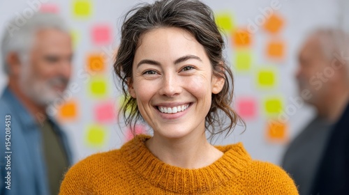 A smiling woman in an orange sweater stands confidently in front of a blurred background with two people and colorful sticky notes on a wall.