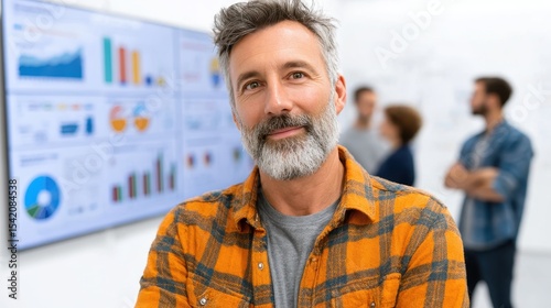 A confident man with a gray beard and plaid shirt stands in front of a presentation screen displaying colorful business charts and graphs in an office setting.