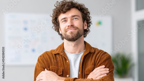 A confident young man with curly hair and a beard smiles slightly, arms crossed, standing in a bright office environment.