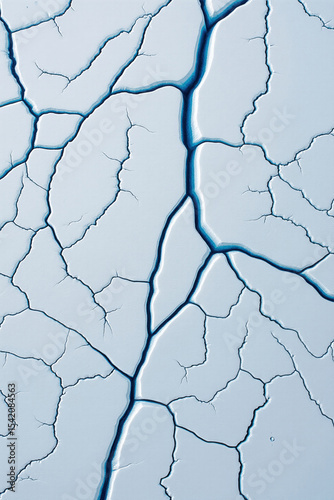 Cracked frozen ice surface with blue fissures and winter texture