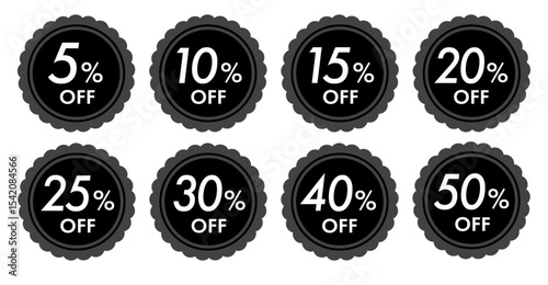 シンプルで使いやすい割引率別セールのオフバッジアイコンセット(クーポン セール 5% 10% 15% 20% 30% 50%OFF ベクター 編集可能 黒)
