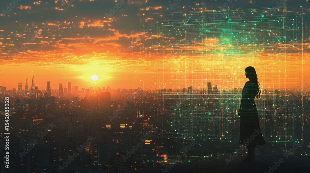 Fototapeta premium Abstract business woman stands on Smart digital Innovation city with connection network reciprocity over the twilight cityscape. of future wireless digital city and social media networking systems