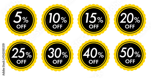 シンプルで使いやすい割引率別セールのオフバッジアイコンセット(クーポン セール 5% 10% 15% 20% 30% 50%OFF ベクター 編集可能 黄)