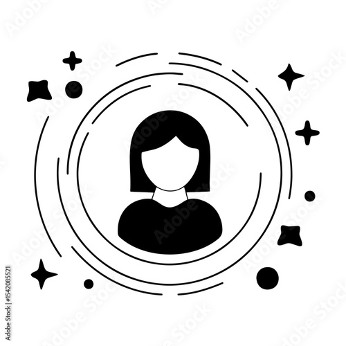a simple black and white avatar design of a woman with a bob haircut surrounded by circles and stars
