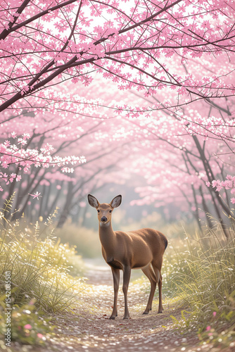 Deer standing on a scenic path under cherry blossoms in spring forest
