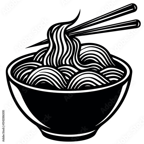 Black and white illustration of noodles in a bowl with chopsticks