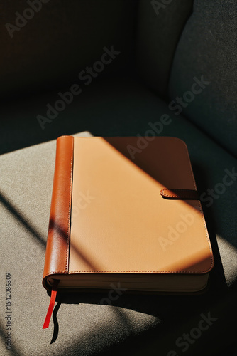 Elegant leather notebook in sunlight on dark couch – minimal and moody aesthetic