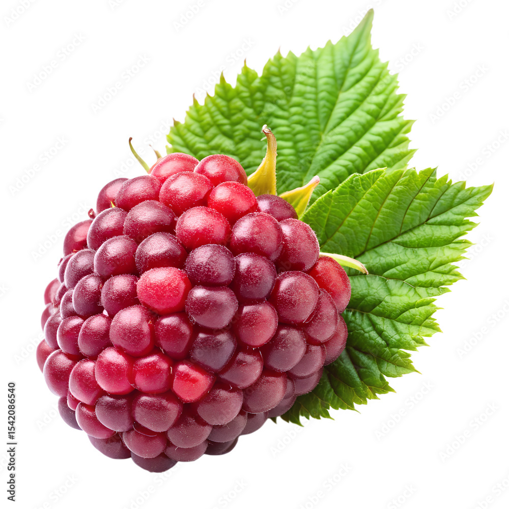 Fototapeta premium Close up of a ripe raspberry with leaves on a black background