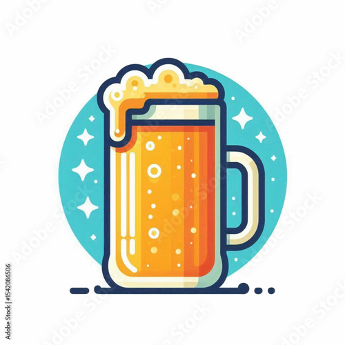 Cartoon beer mug with foamy head on a blue starry circle background