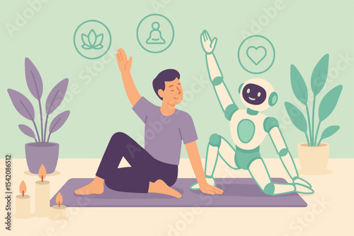 AI coach in fitness. Robot personal trainer. Character use artificial intelligence technology tools to create gym training, cardio workout, protein diet. Vector illustration