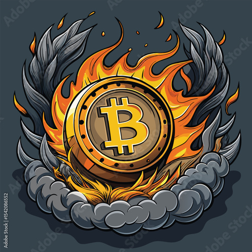 Burning bitcoin cryptocurrency coin design