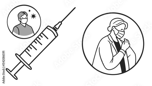 Illustration depicting a syringe, a person with a mask and virus, and a doctor in a circle design element