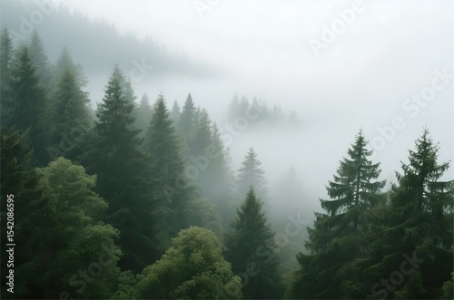 A dense evergreen forest enveloped in soft mist, creating a serene and mysterious natural scene with tall trees fading into the fog, evoking tranquility and peacefulness
