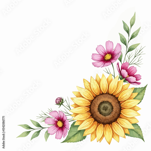 Vibrant Watercolor Sunflower and Cosmos Corner Floral Arrangement Perfect for Invitations, Cards, and Digital Designs