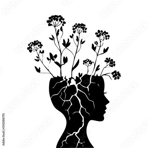 a black and white illustration of a woman's head with flowers growing out of it, mental health art