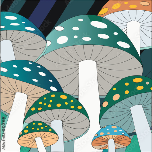 Bioluminescent mushrooms in dark forest setting vector illustration