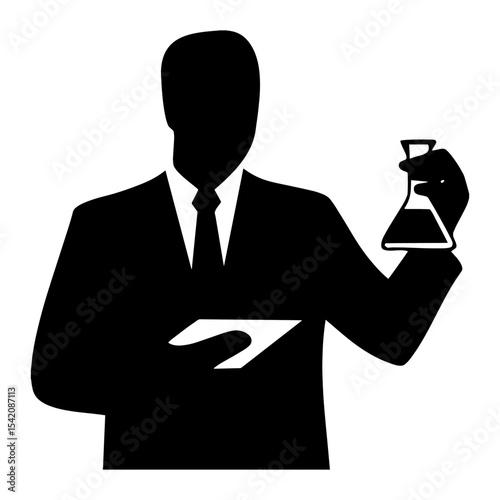 a scientist in a suit holding a flask, doing research in a lab, vector icon, black silhouette,