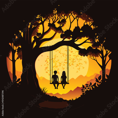 Romantic Couple on Swing Under Tree – Sunset Silhouette Art for Love and Nature Themes