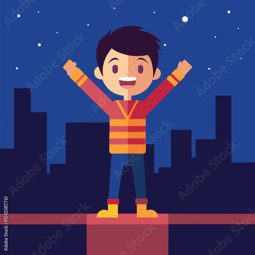 Joyful cartoon boy illustration with dark hair
