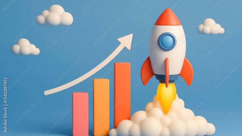 A vibrant illustration of a rocket launching into the sky, symbolizing growth and innovation. This modern design features colorful graphs and clouds, perfect for business concepts.