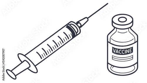 Illustration of a syringe with a needle and a vaccine vial on a white background in a simple drawing style