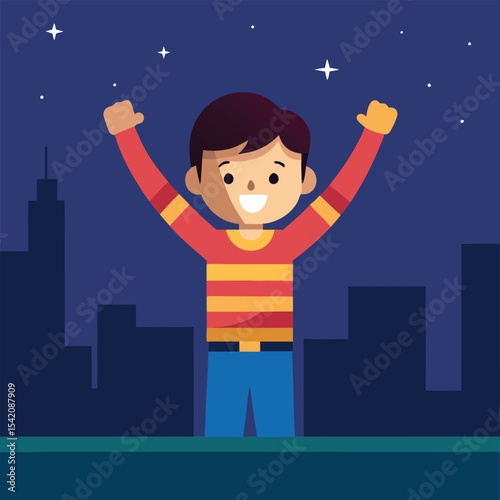 Joyful cartoon boy with dark hair and brown eyes illustration